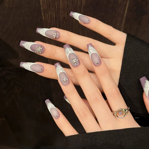10pcs Handmade Press On Nails Purple Frosted Snown Shape Diamond Decor False Nails Miedium T French Style Fake Nail Patches
