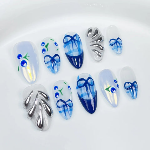 10 uñas postizas francesas negras con lazo, hechas a mano, brillantes, cortas, almendradas, para usar en salón de belleza. 