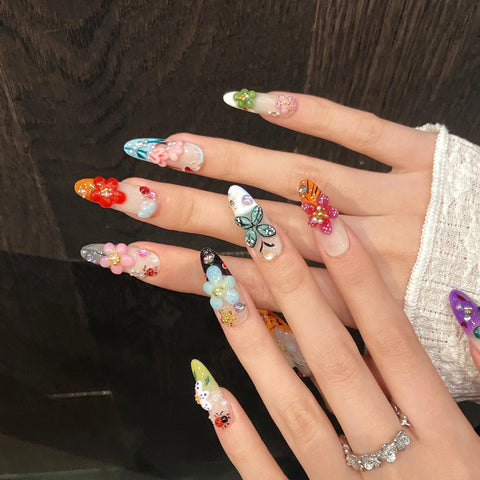 10 Stück Kreative Sommer-Falsche Nägel Handgefertigte 3D Bunte Blumen-Insekten-Designs Drücken Sie auf die Nägel Y2k Französischer Stil Frühling Gefälschte Nägel 