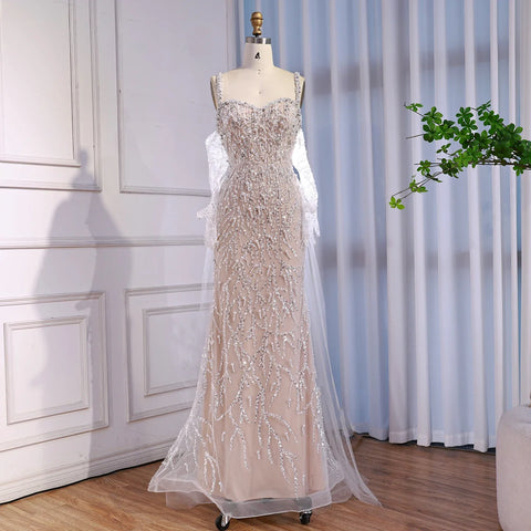 Luxury Lace Pearls Mermaid Evening Dress With Glove White Nude LA72345E