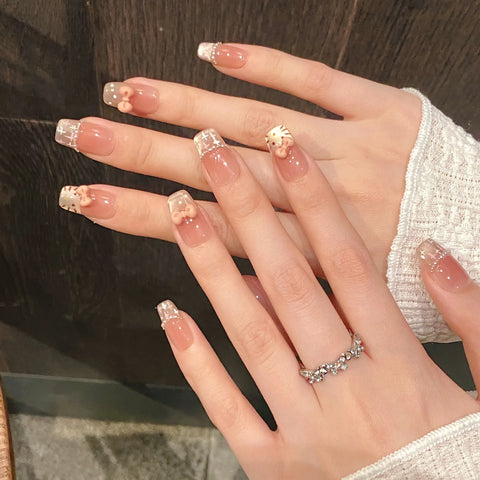 10pcs Short Ladder Handmade False Nails Hand-painted Sweet Cat French Blush Fake Nail With Pink Stereo Bowknots Press On Nail