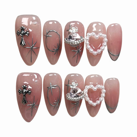 10 Stück Blush Pink Fake Nail Patches Handgemachte Perle Liebe Herz Press On Nails Planet Cross Designs Abnehmbare Mandel 