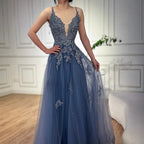 Vestido de fiesta de lujo de encaje verde salvia con tirantes finos, corte A, LA73005