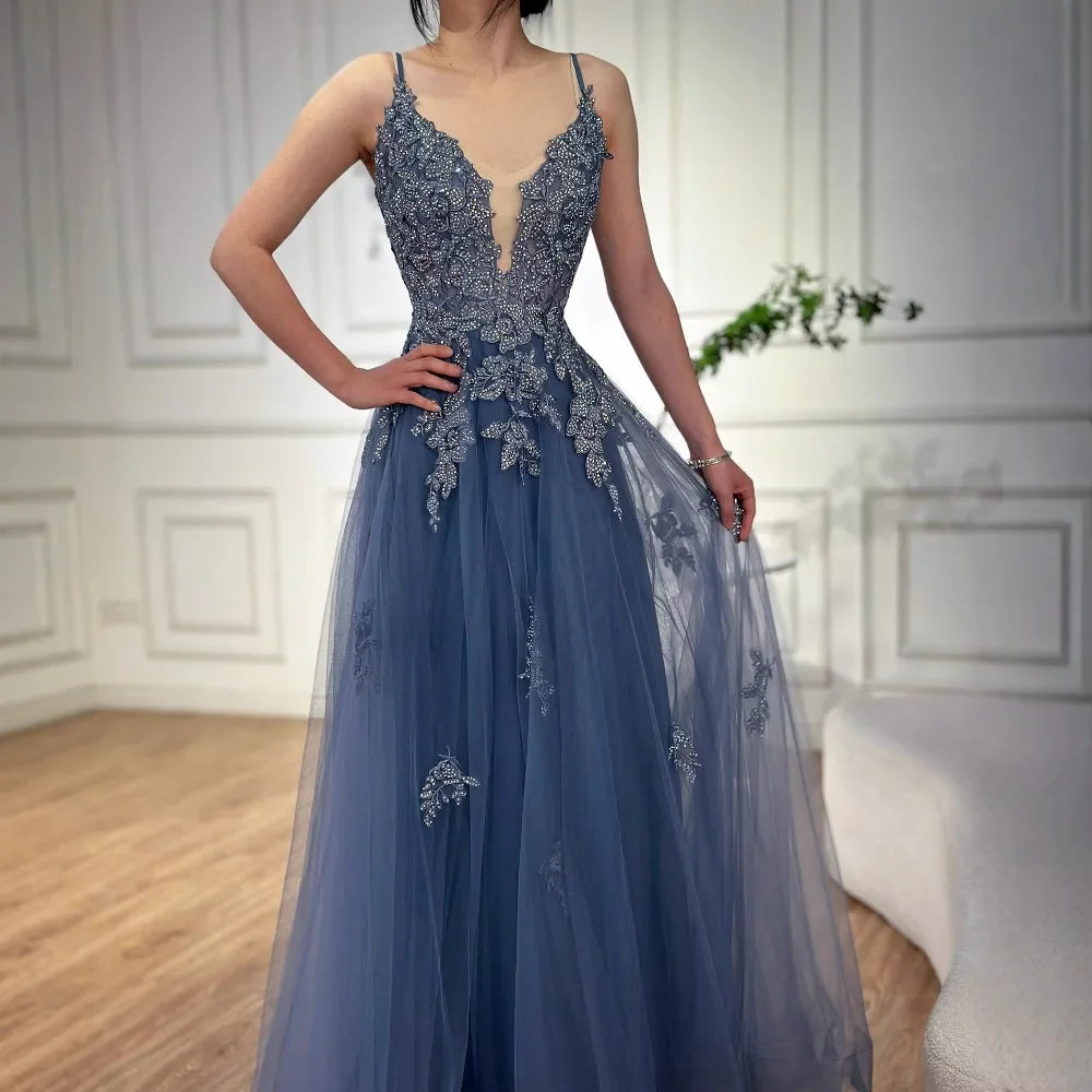 Vestido de fiesta de lujo de encaje verde salvia con tirantes finos, corte A, LA73005