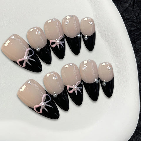 10 uñas postizas francesas negras con lazo, hechas a mano, brillantes, cortas, almendradas, para usar en salón de belleza. 