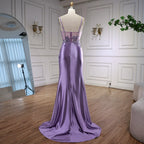 Luxuriöses mintgrünes Satin-Abendkleid mit Perlenbesatz und Schlitz LA72995