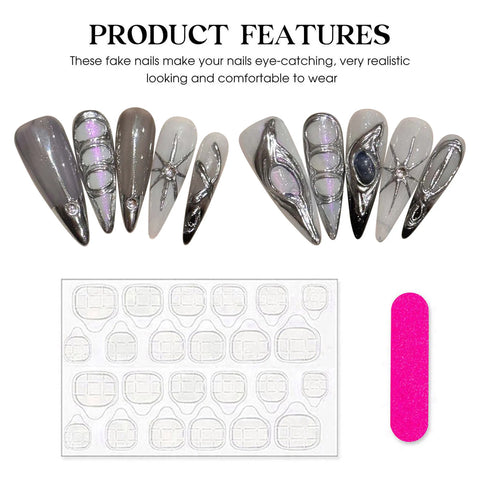 10 uñas postizas estilo punk hechas a mano con forma de aguja larga Y2k, parches de uñas postizas grises brillantes con decoración de rayas metálicas. 