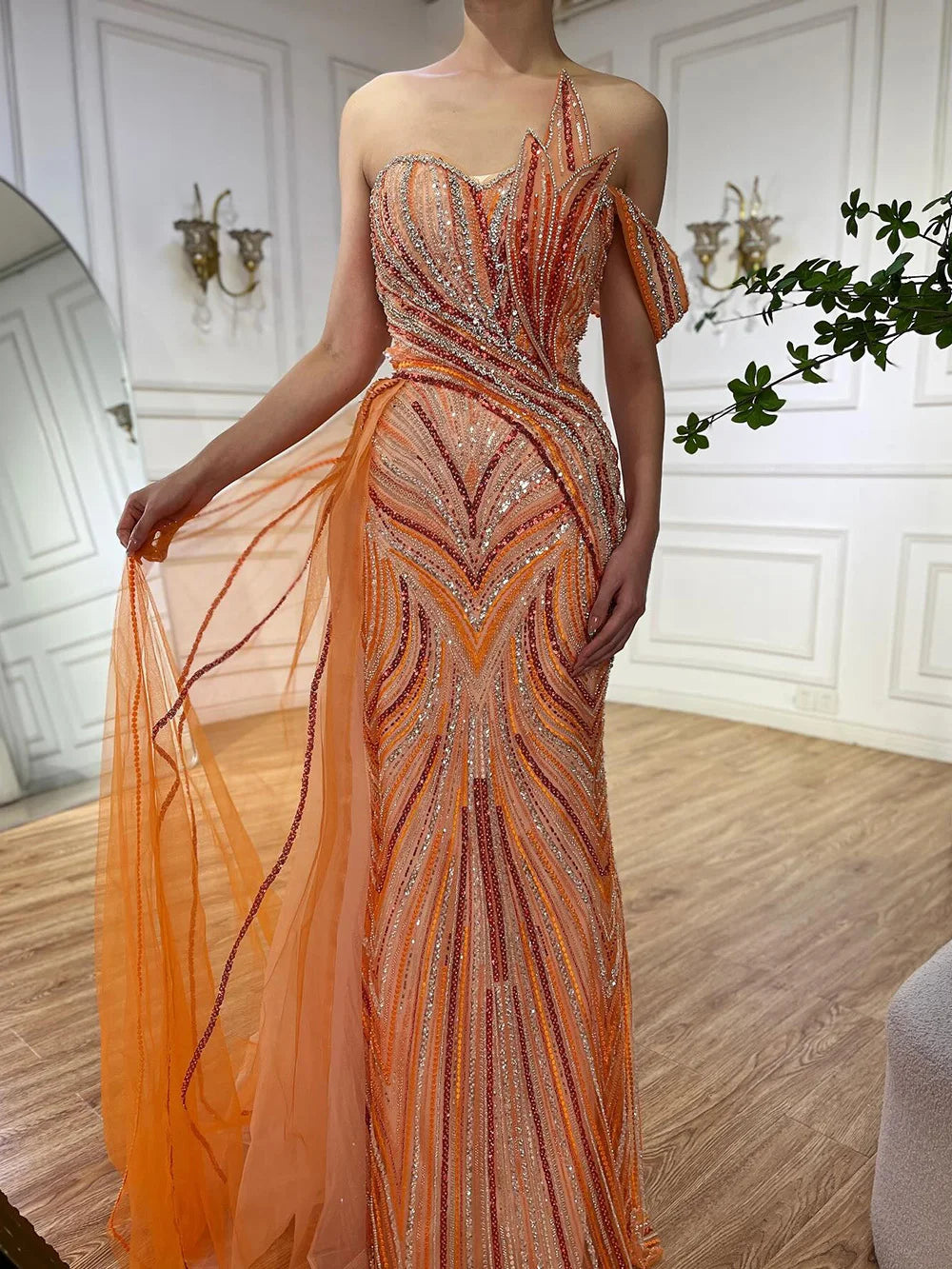 Luxuriöses, arabisch-blaues Abendkleid aus Dubai mit asymmetrischem Rock, seitlichem Überrock und Perlenbesatz für Damenpartys LA72662 