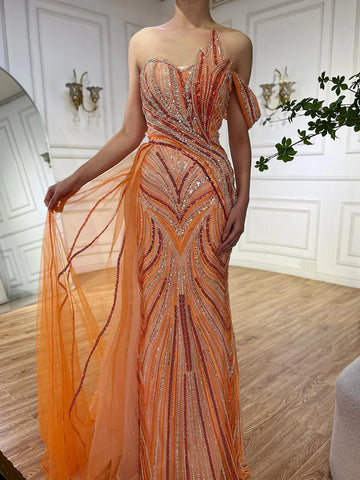 Luxury Dubai  Arabic Blue One Shoulder Luxury Dubai Evening Gown with Side Overskirt Beaded Dress for Women's Party LA72662