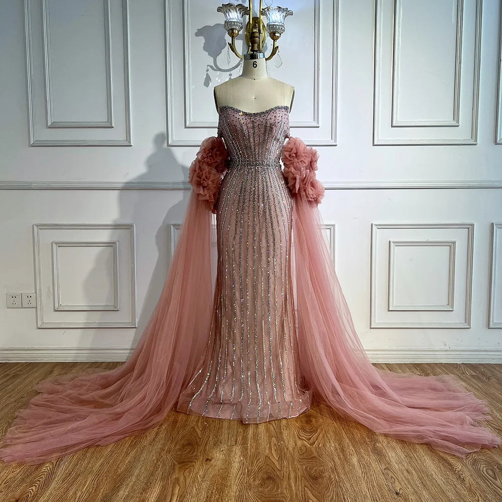Luxuriöses rosafarbenes, perlenbesetztes Meerjungfrauen-Abendkleid im arabischen Stil mit Cape LA73019