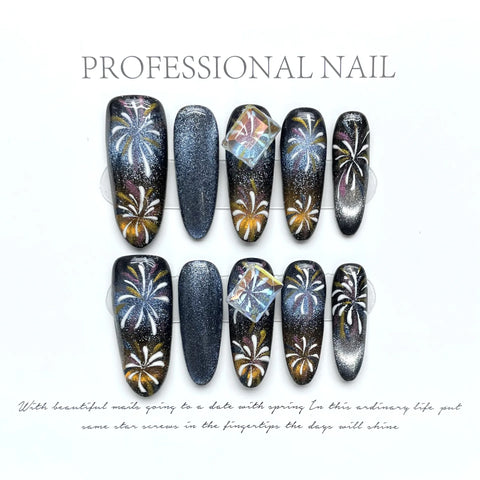 New Handmade Phantom Gradient Cat Eye Flash Aurora rainbow Fireworks New Year Hand Painted Long Oval False Nails