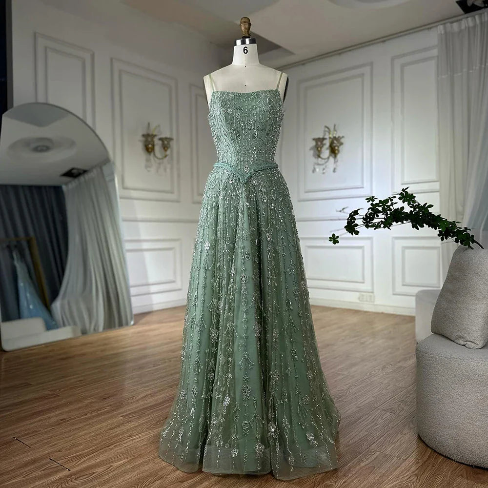 Vestido de noche de lujo verde salvia con cuentas, corte A y tirantes finos LA72805 