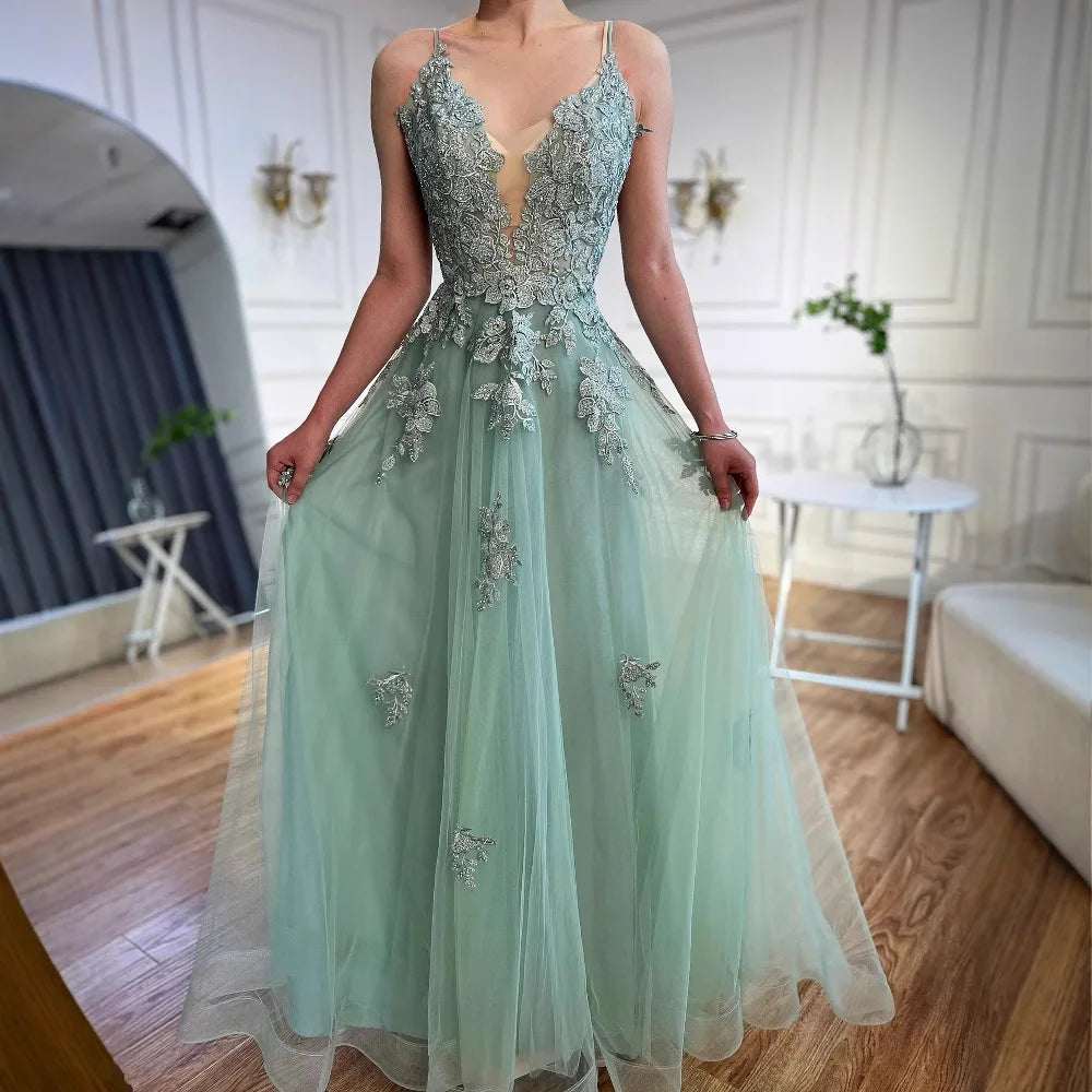 Vestido de fiesta de lujo de encaje verde salvia con tirantes finos, corte A, LA73005