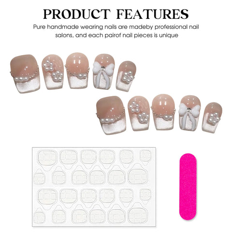 10 uñas postizas hechas a mano, color nude, rosa ruborizado, brillantes, estilo ojo de gato, con diseños de lazo, uñas postizas francesas, reutilizables. 