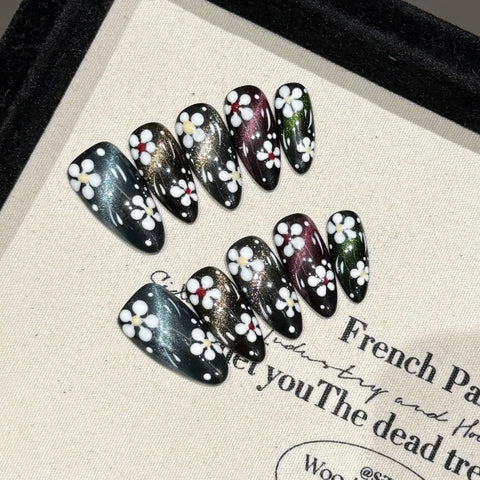 10 Stück bunte künstliche Nägel mit Blumenmalerei, handgefertigt, Aurora Black Press On Nails, abnehmbare mandelförmige künstliche Nagelspitzen für coole Mädchen 
