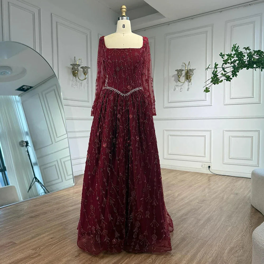 Luxuriöses, salbeigrünes, perlenbesetztes Abendkleid mit langen Ärmeln LA72805B 