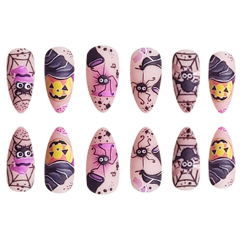 24 parches de uñas postizas de almendra para usar, con temática de Halloween, con diseño de araña bailando, murciélago y calabaza, manicura DIY. 