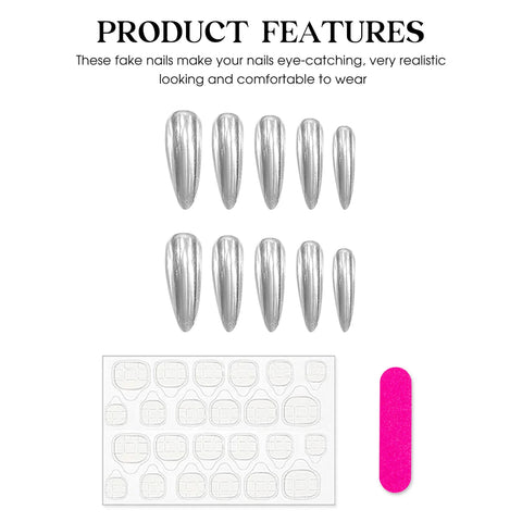 10pcs Handmade Silver Press On Nails Glossy Long Almond Fake Nail Patches Full Cover Ballerina Wearable False Nail Tips For Girl