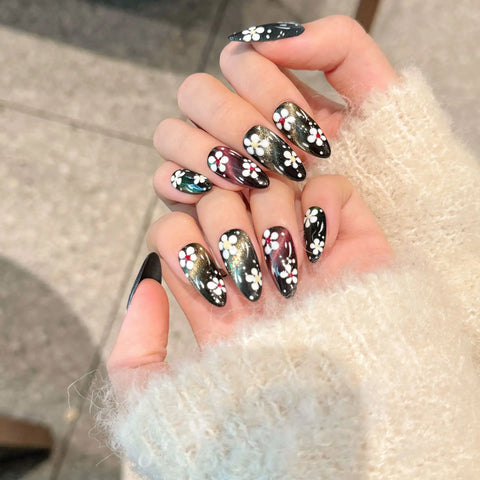 10 Stück bunte künstliche Nägel mit Blumenmalerei, handgefertigt, Aurora Black Press On Nails, abnehmbare mandelförmige künstliche Nagelspitzen für coole Mädchen 
