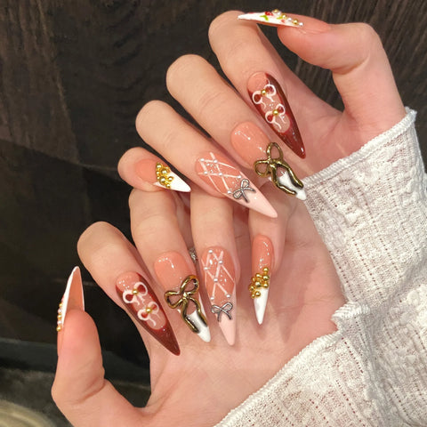 10pcs Retro Bowknots Press On Nails Glossy Pink Long Stiletto White French Style Handmade False Nails Spring Flower Fake Nail