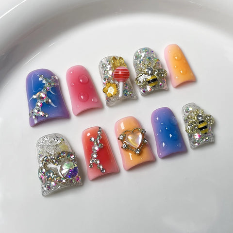 10 Stück Fantasy Lollipop Tragbare künstliche Nägel Farbverlauf Pink Französischer Stil Y2k Stern Diamant Drücken Sie auf die Nägel Süßer Entenschnabel Falscher Nagel 