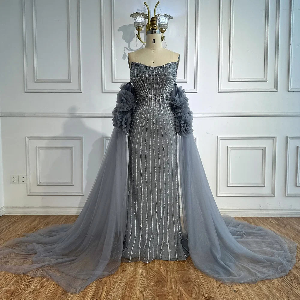 Luxuriöses rosafarbenes, perlenbesetztes Meerjungfrauen-Abendkleid im arabischen Stil mit Cape LA73019