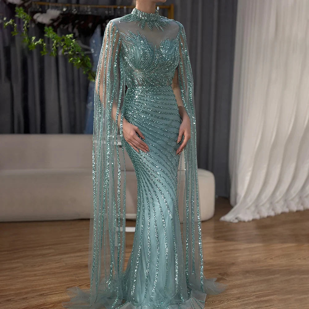 Luxuriöses arabisches Meerjungfrauen-Abendkleid in Nude mit Cape aus Dubai LA71885B 