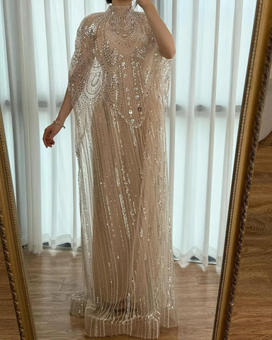 Luxury Champagne Kaftan Evening Gown Wedding Formal Dress LA72945