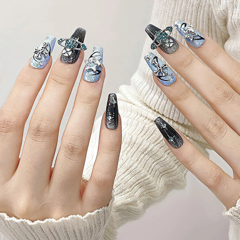 10 uñas postizas estilo Y2k, hechas a mano, en azul brillante, con diseños de cruz de diamantes brillantes, uñas postizas desmontables. 