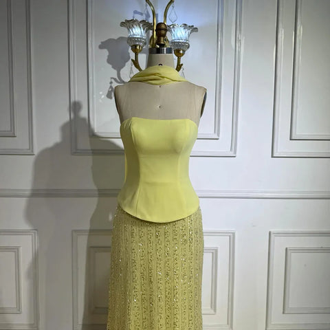 Luxury Yellow Chiffon Mermaid Evening Dress with Cape LA73007