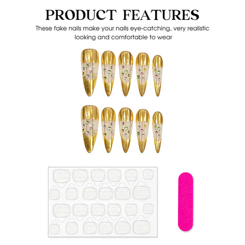 10 Stück handgefertigte goldene Kunstnägel, helles Luxus-Press-On-Nägel mit Flash-Diamant-Design, abnehmbare lange mandelförmige Kunstnägel 