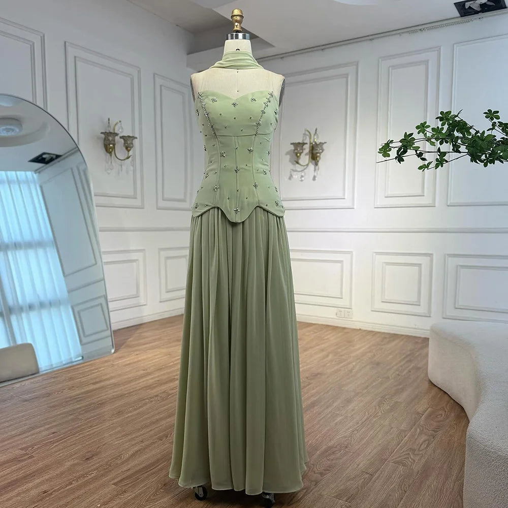 Elegantes salbeigrünes A-Linien-Abendkleid aus Chiffon LA73073 