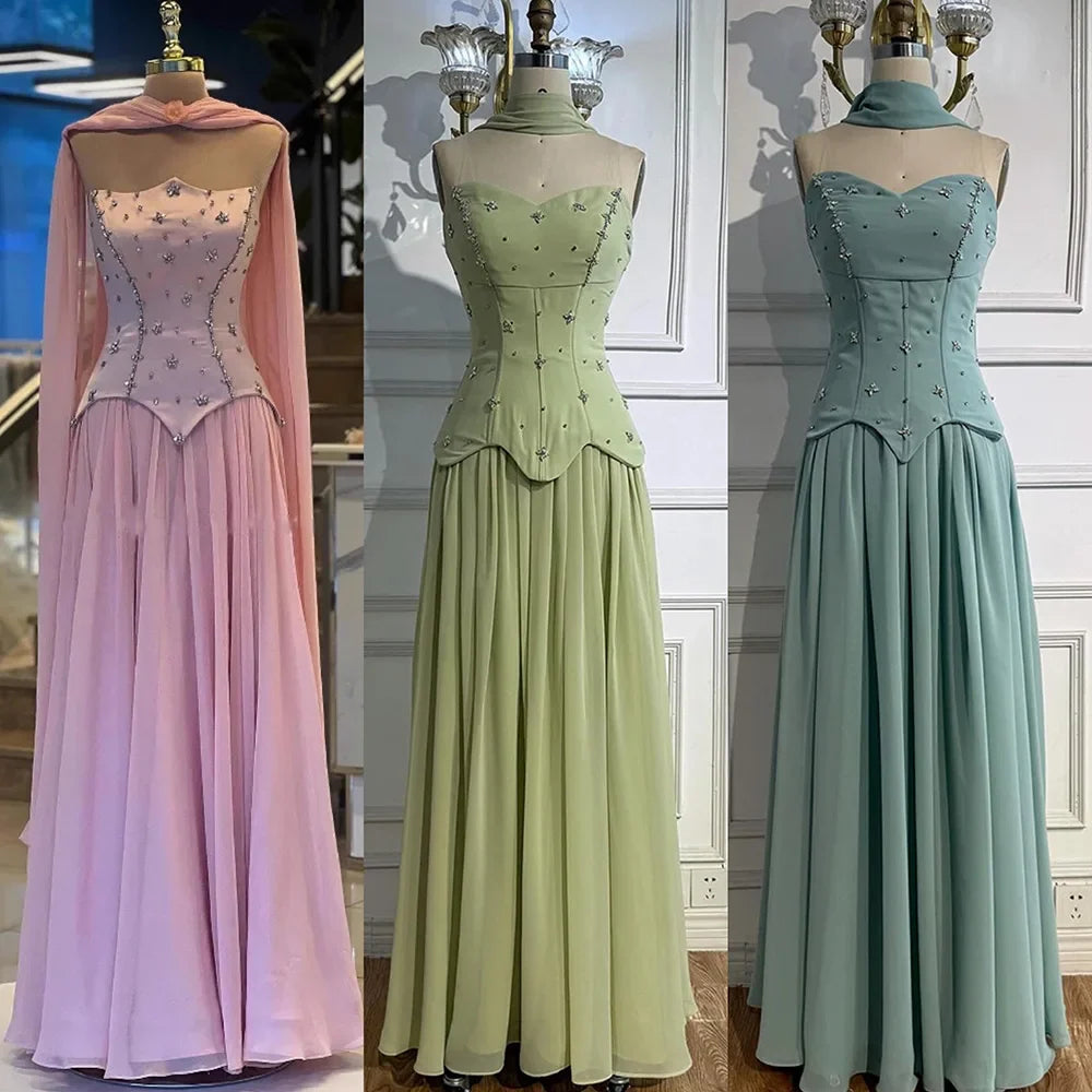 Elegantes salbeigrünes A-Linien-Abendkleid aus Chiffon LA73073 