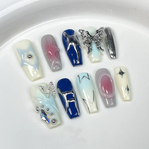 10pcs Glossy Coffin Handmade Press On Nails Gradient Brown White Flower Flash Butterfly Diamond False Nail Luxury Fake Nails