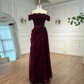 Elegantes weinrotes schulterfreies Abendkleid aus Spitze mit Applikationen LA73010
