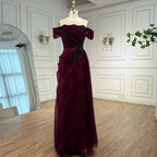 Elegantes weinrotes schulterfreies Abendkleid aus Spitze mit Applikationen LA73010
