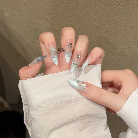 10pcs Handmade Long Almond False Nails Glitter Cat's Eye Press On Nails With Matal Butterfly Diamond Decor French Style Manicure