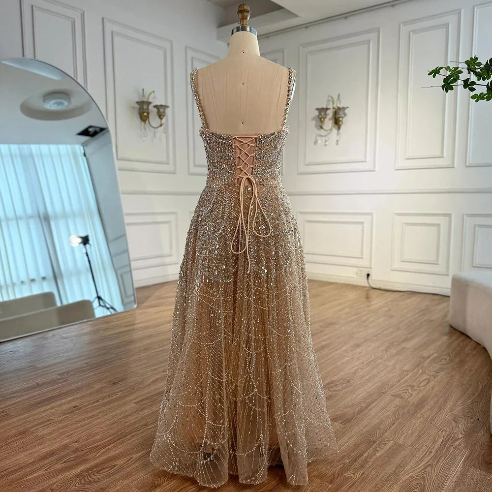 Vestido de noche de lujo color nude, corte A, con perlas y cristales LA72983A 