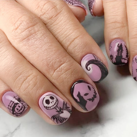 24 uñas postizas de Halloween con diseño de novia fantasma rosa, parches de dibujos animados, puntas cuadradas cortas. 