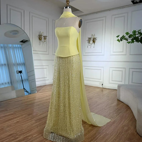 Luxury Yellow Chiffon Mermaid Evening Dress with Cape LA73007