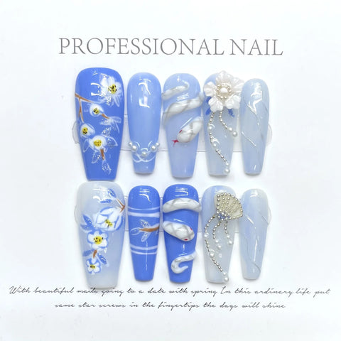 10pcs Long Coffin Army Green False Nail Patches Ballerina Spring Summer Wearable Handmade Press On Nails Full Cover Manicure Art