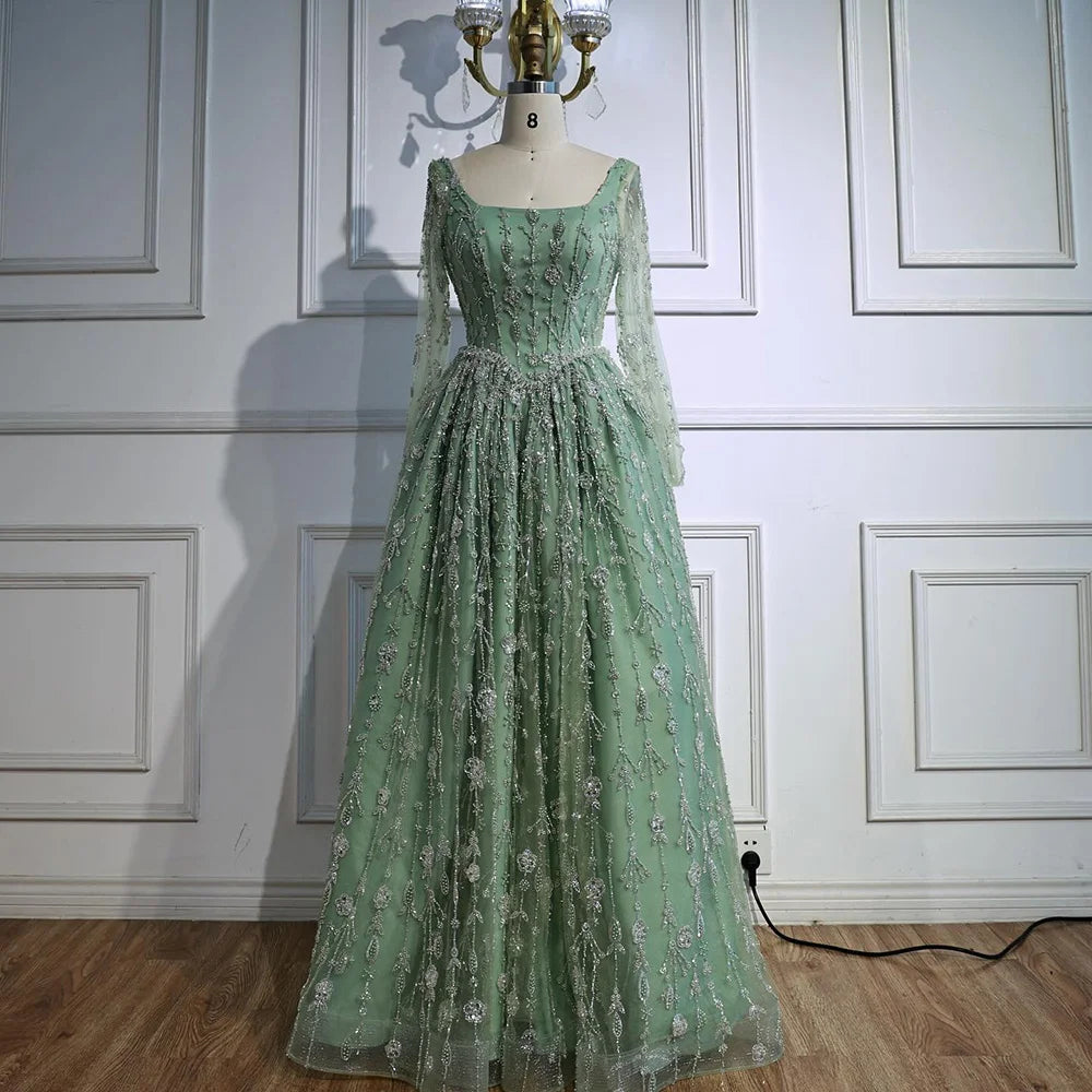 Luxuriöses, salbeigrünes, perlenbesetztes Abendkleid mit langen Ärmeln LA72805B 