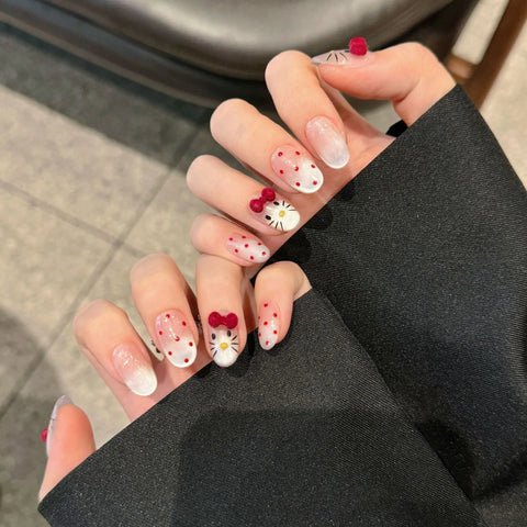 10pcs Hand-painted Cat's Eye Press On Nails Kawaii Cat 3D Bowknots Decor False Nails Glossy Almond Simple Charming Fake Nail Tip