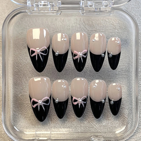 10 uñas postizas francesas negras con lazo, hechas a mano, brillantes, cortas, almendradas, para usar en salón de belleza. 