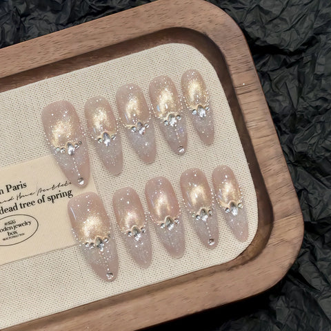 10 uñas postizas francesas con lentejuelas brillantes, punta a presión, rubor, almendra larga, brillo, decoración de diamantes, hechas a mano, de lujo. 