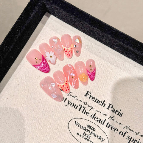 10pcs Handmade Almond Press On Nails Light Pink French Style Fake Nail Patches Paint Flower Flash Rhinestone Decor False Nails