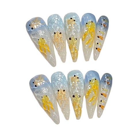 10 Stück Lange Stiletto-Press-On-Nägel Farbverlauf Blau Gelb Katzenauge Handgemachte Falsche Nägel Handbemalte Goldfisch-Designs Gefälschte Nägel 