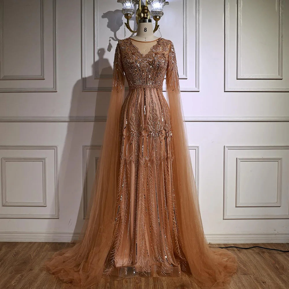 Elegante vestido de noche de corte A con cuentas y mangas estilo capa LA73056