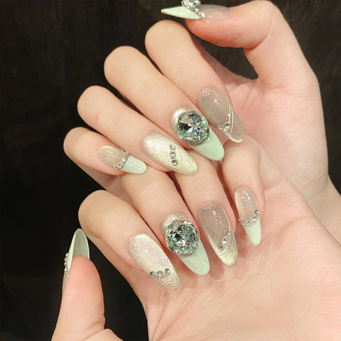 10pcs Summer Little Fresh Handmade Press On Nails Mint Green Cat's Eye Glossy Diamond Decor Fake Nails Simple French False Nail