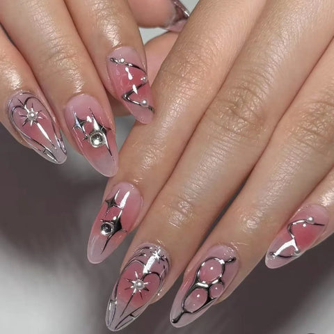 24 uñas postizas con diseño de tulipán en color negro, francés, rubor, almendra y lazos, con bonitos diseños de conejos Y2K. 